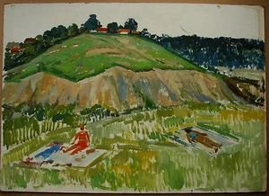 Ukrainian Soviet Oil Painting Landscape pointillism rural rest nude - Picture 1 of 6