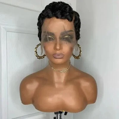 Peluca corta corte pixie negra onda de dedo cabello humano encaje pelucas delanteras parte L sin pegamento Foto 1 de 4