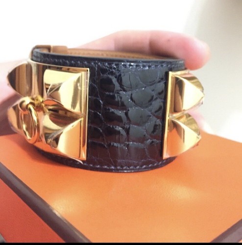 HERMÈS Bracciale Hermes Collier De Chien Pelle Nera Tono Oro Borchie Metallo Francia