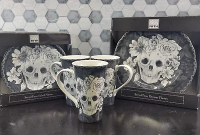 222 Fifth Marbella Skull set Dinner & Salad Plates 3 Mugs NEW - Image 1 of 4
