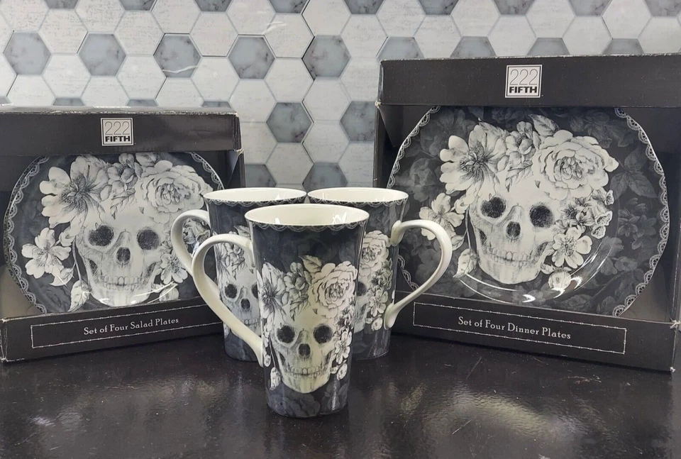 222 Fifth Marbella Skull set Dinner & Salad Plates 3 Mugs NEW - Image 1 of 4