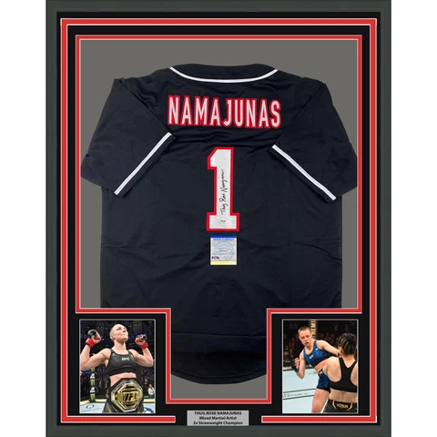 Framed Autographed/Signed Thug Rose Namajunas 33x42 Jersey Shirt PSA/DNA COA Cover