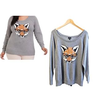 TORRID 100% Cotton Grey & Orange Fox Raglan Sweatshirt Long Sleeve Size 2