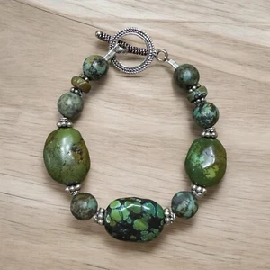Green Jasper Artisan Bracelet with Silver Accents and Hardware Handmade 7.5 in - Picture 1 of 5