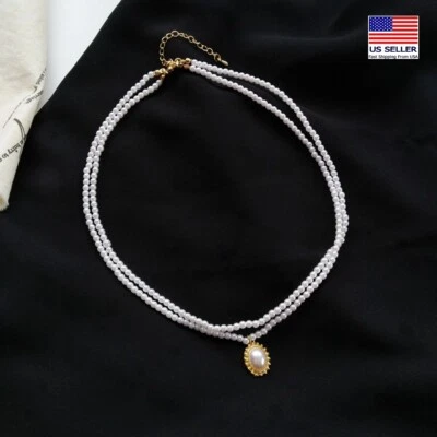 Fashion Women Pearls Double Layer Necklace Elegant Sun Oval Disc Choker 1700 - Image 1 of 4