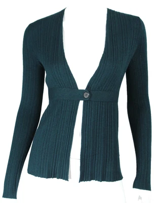 MAX MARA Dark Teal Cashmere-Silk Rib Knit Open-Front Cardigan Sweater S - Image 1 of 4