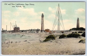1910's OLD and NEW LIGHTHOUSES CAPE HENRY near NORFOLK VIRGINIA POSTCARD - Picture 1 of 2