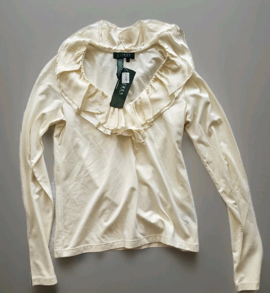 Lauren Ralph Lauren New Women's Ruffle Neck  Rayon Silky Fabric Cream Blouse - Image 1 of 3