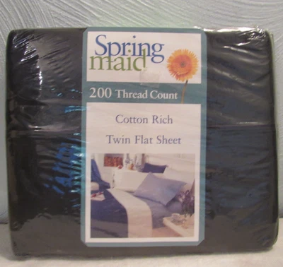 VTG/NEW Spring Maid 200 Thead count cotton rich twin flat sheet solid black - Image 1 of 4