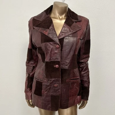 Винтажный 70-х бордовая кожа лоскутное одеяло Blazer куртка на пуговицах ретро хиппи Sz M - Изображение 1 из 4