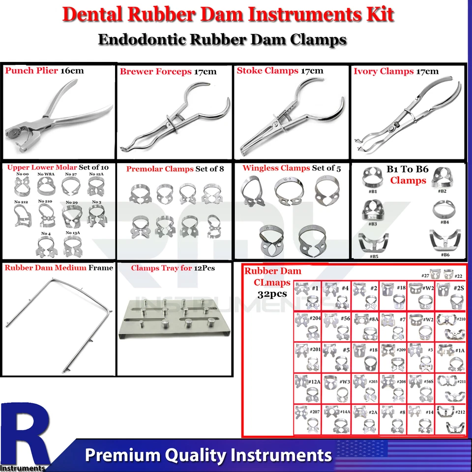 Kit de instrumentos de presa de goma dental abrazaderas de borde pinzas perforadoras marco laboratorio Endo  Foto 1 de 1