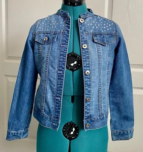 Guess Girls Blue Embellished Rhinestone Denim Jacket Size 14 Youth L Button Down - Picture 1 of 11