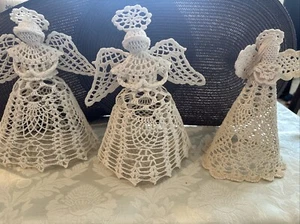 "3 ángeles ganchillo vintage árbol de Navidad topper almidonado hecho a mano 9"" 10""" - Imagen 1 de 9