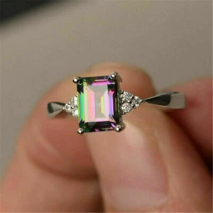 925 Women Gift Silver Fire Rainbow Topaz Mystic Engagement Wedding Ring Sz6-10 - Picture 1 of 7