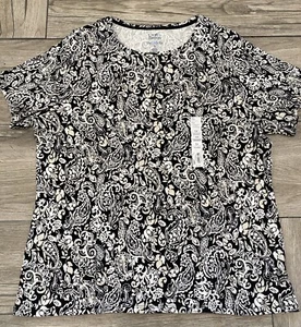 Croft & Barrow Plus Size Blk White Paisley The Classic Tee Crew Neck T-Shirt Top - Picture 1 of 3