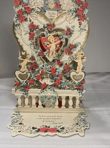 Large Vintage Die Cut Pop Up Valentine Card Embossed Flowers Cupids Hearts 5x7 - Picture 1 of 7