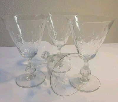 Set of 4 Duncan & Miller Willow Grooved Stem 6.25" Water Goblets Leaf Cut Bowl - Image 1 of 4