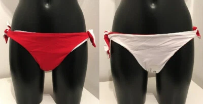 Pantalones de bikini Moontide rojos y blancos Reino Unido 12 reversibles atados laterales trajes de baño calzoncillos Foto 1 de 4