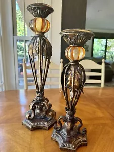 Vintage Ornate Heavy Brass Cat Eye Art Nouveau Pair Of Candle Holders  - Picture 1 of 24