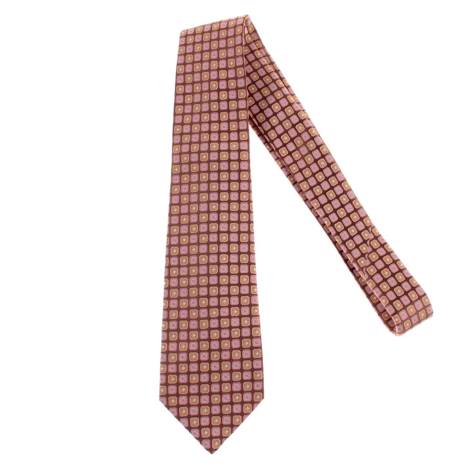 Corbata Kiton nueva sin etiquetas 100 % seda siete pliegues en marrón con formas amarillo dorado/rosa Foto 1 de 4