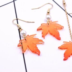 Acrylic Little Maple Leaf Drop Hook Earrings with Pearls, Laser cut Acrylic 