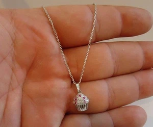 925 STERLING SILVER CUPCAKE PENDANT NECKLACE W/ ACCENTS / SIZE 17MM BY 9MM - Picture 1 of 6