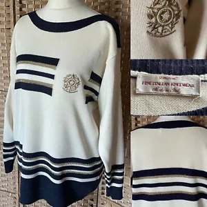 VINTAGE ST MICHAEL Cream Navy GOLD Metallic NAUTICAL Sweater UK 12-14 RETRO Arty - Picture 1 of 14
