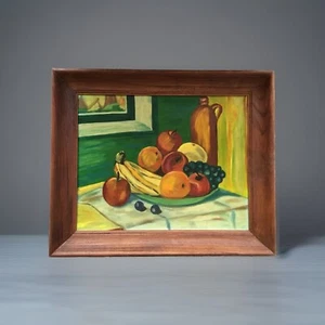 MID CENTURY MODERN STILL LIFE OIL PAINTING MYSTERY ARTIST SOLID OAK FRAME - Imagen 1 de 5