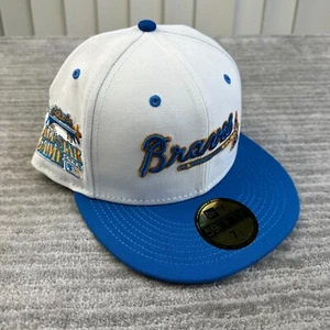 Atlanta Braves Hat Cap Mens Fitted 7 1/2 White Blue New Era Side Patch - Picture 1 of 6