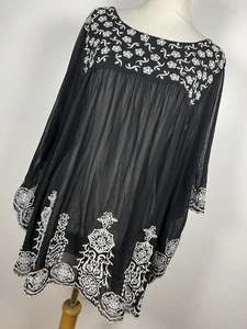 INC International Concepts 1X Shirt Top Black White Sheer Embroidered Flowy P2 - Picture 1 of 7