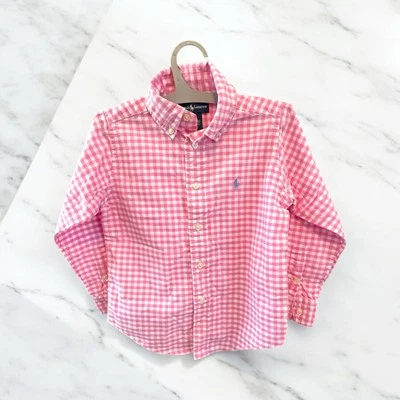 Ralph Lauren Boy’s Pink Gingham Check Button Down Long Sleeve Shirt Sz 4 Preppy - Image 1 of 4