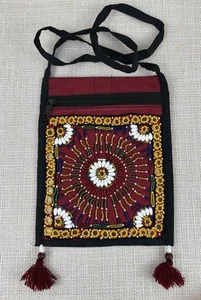 Traditional India Handmade - Embroidered Cotton Sling Purse Bag with Tassels - Picture 1 of 8