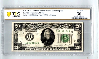 1928 $20 Federal Reserve Note (Minneapolis) PCGS 30 VF Fr.2050-I - Image 1 of 3