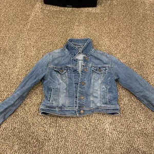 Womens American Eagle Distressed Cropped Jean Trucker Jacket Sz Lg Copper Button - Imagen 1 de 7