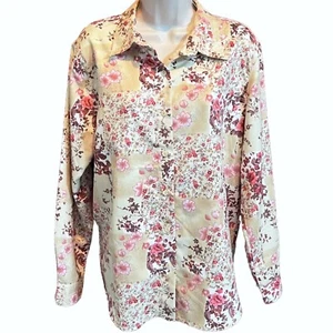 NEW Lemon Grass Floral Button Down Long Sleeve Blouse Pink Tan White Large Top - Picture 1 of 6