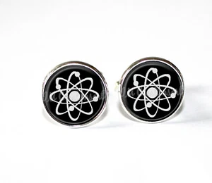 Atomic Science Symbol Atom Design Round Glass Metal Cuff Links Gift for Him - Picture 1 of 8