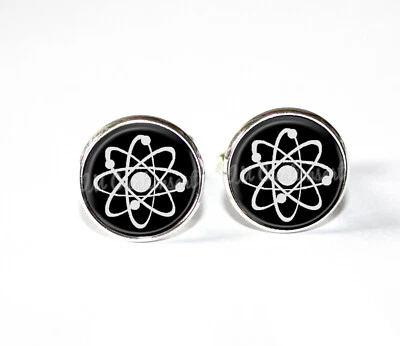 Atomic Science Symbol Atom Design Round Glass Metal Cuff Links Gift for Him - Image 1 of 4
