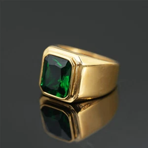 Gold Plated Vintage Green CZ Signet Ring Stainless Steel Men's Royal Knight Ring - Picture 1 of 3