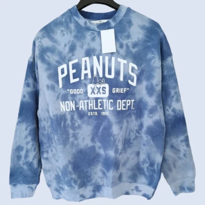 NWT H&M Kids Peanuts Snoopy “Good Grief” Loose-Fit Sweatshirt Blue Tie-Dye 16/18 - Image 1 of 3