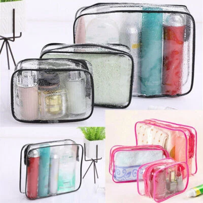 5A-HOME 3pc Transparent Travel Bag Set Airport Cosmetic Makeup Toiletry Clear Wash Pouch