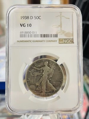 1938 D NGC U.S. 50c Silver Walking Liberty Half Dollar VG10 ~ Low Mintage ~ - Image 1 of 4
