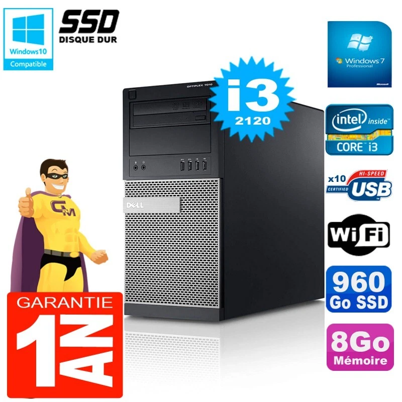 Pc Tour DELL 7010 Core I3-2120 Ram 8Go Disque 960 Go Ssd Wifi W7 - Imagen 1 de 1