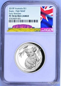 2019 P Australia HIGH RELIEF 1oz Silver Koala $1 Coin NGC PF70 ER LABEL COA  - Picture 1 of 6