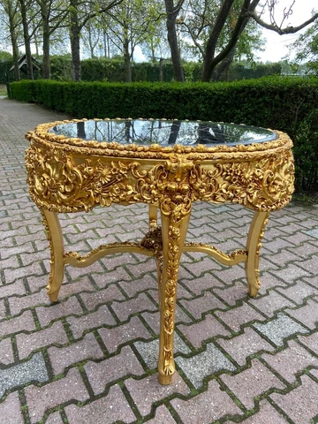Italian Baroque/Rococo Center/ Dining Table in Gold With Black Marble Top Cover