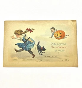 Antike Halloween Ohio Postkarte Mädchen, Junge, Jack O Laterne & Katze authentisch - Bild 1 von 11