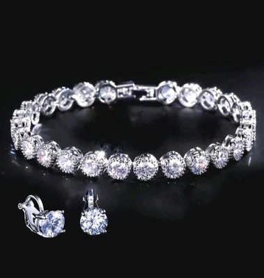 18k White Gold 5mm Tennis Bracelet w Earrings Velvet Box Lab-Created Swarovski  - Image 1 of 4