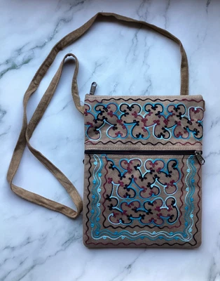 Embroidered Cross Body Bag Brown Teal Burgundy - Image 1 of 4