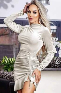Sheryl Velour Velvet Side Ruched Bodycon Mini Party Dress-Champagne - Picture 1 of 4