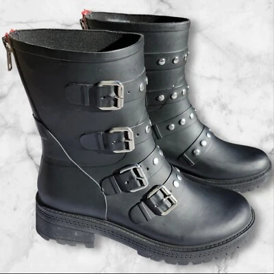 STEVE MADDEN 黑色中筒扣蒸汽朋克垃圾厚拉链雨靴 7 码 — 第 1/4 张图片