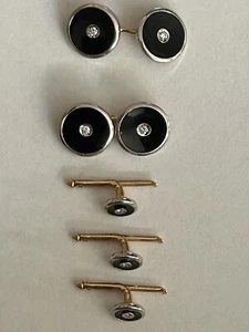 Antique Art Deco 14K Gold Black Onyx and Diamond Tuxedo Shirt Studs Set of 3 - Picture 1 of 2